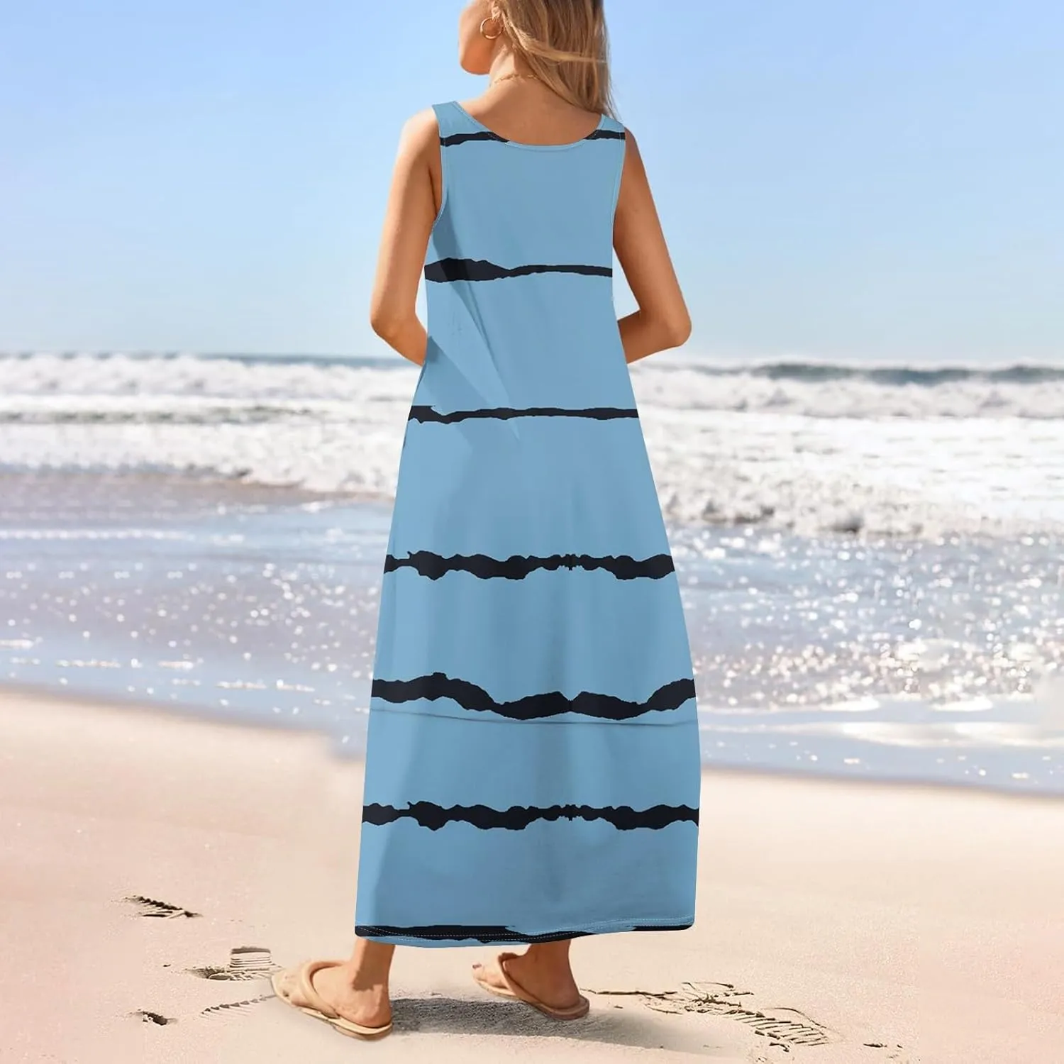 Women's Casual Maxi Sundress 2025 Summer Beach Dress Holiday Scoop Neck Sleeveless Loose Tank Dress with Pockets