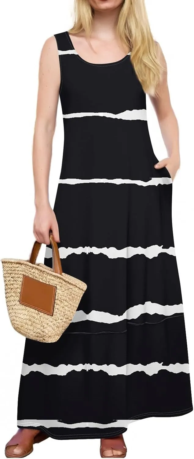 Women's Casual Maxi Sundress 2025 Summer Beach Dress Holiday Scoop Neck Sleeveless Loose Tank Dress with Pockets