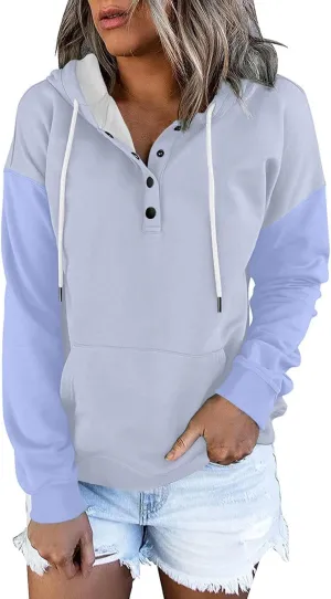 Women's Casual Oversized Hoodies Color Block Long Sleeve Sweatshirt Drawstring Hooded Large Pocket Pullover Top