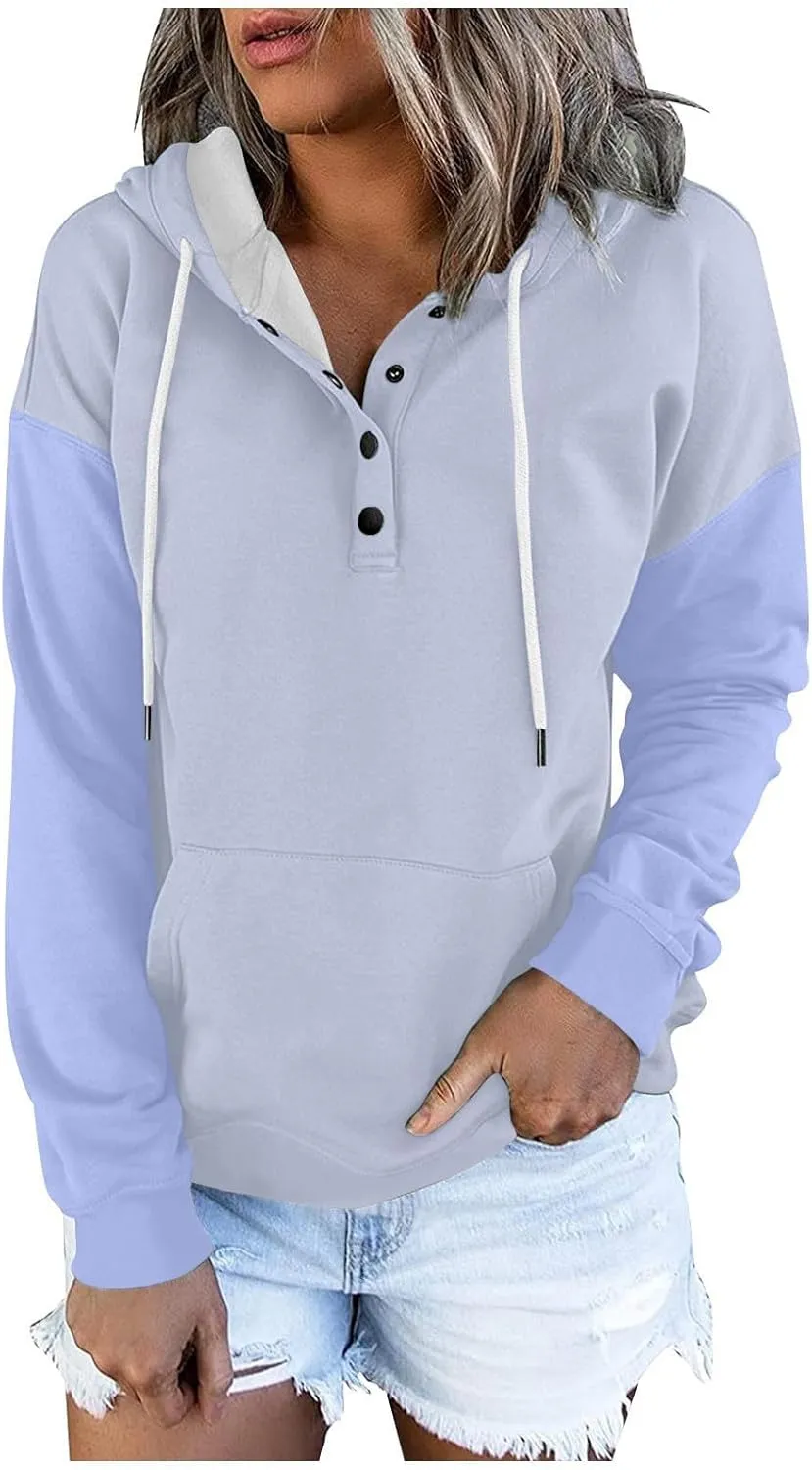 Women's Casual Oversized Hoodies Color Block Long Sleeve Sweatshirt Drawstring Hooded Large Pocket Pullover Top