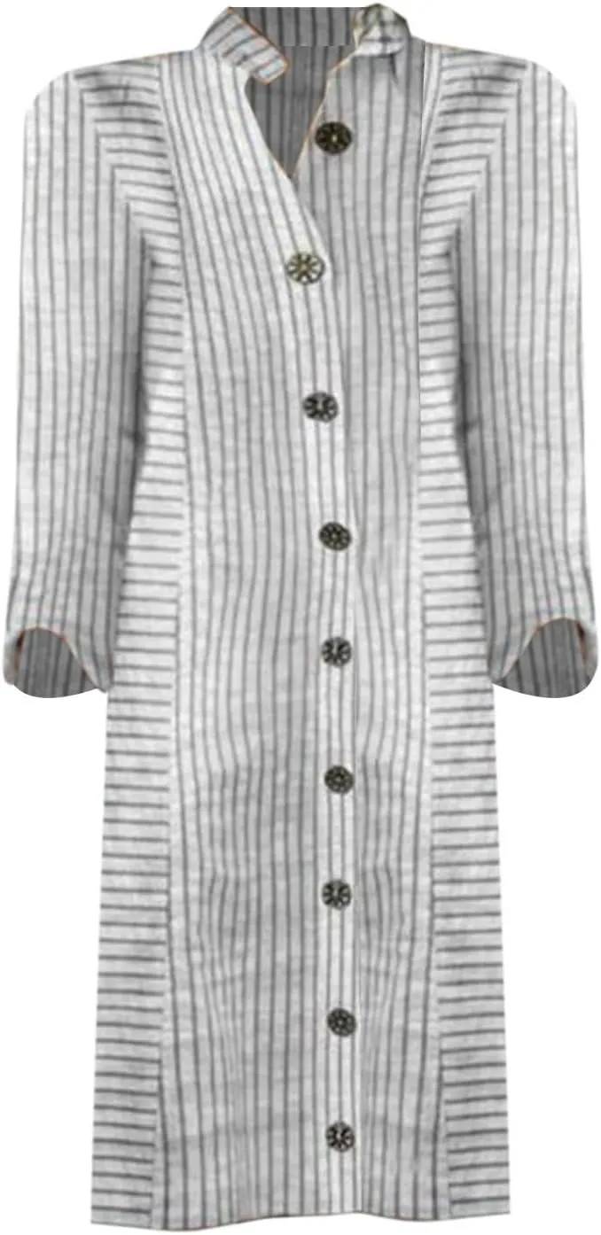 Womens Cotton Linen Midi Shirt Dress Summer Button Down Stripe Half Sleeve Sundress Casual Beach V Neck Dresses