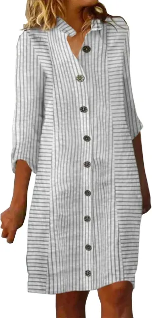 Womens Cotton Linen Midi Shirt Dress Summer Button Down Stripe Half Sleeve Sundress Casual Beach V Neck Dresses