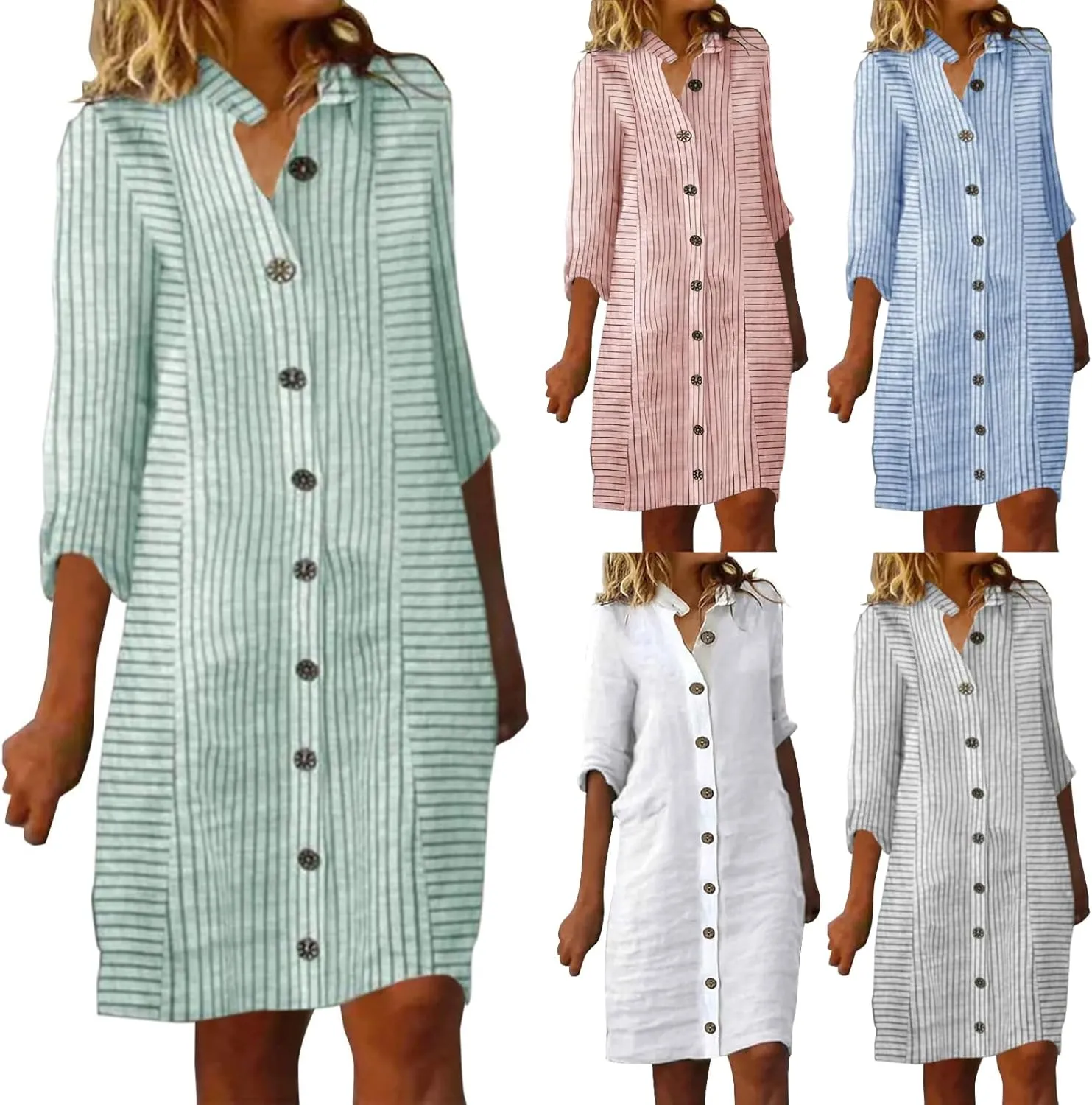 Womens Cotton Linen Midi Shirt Dress Summer Button Down Stripe Half Sleeve Sundress Casual Beach V Neck Dresses