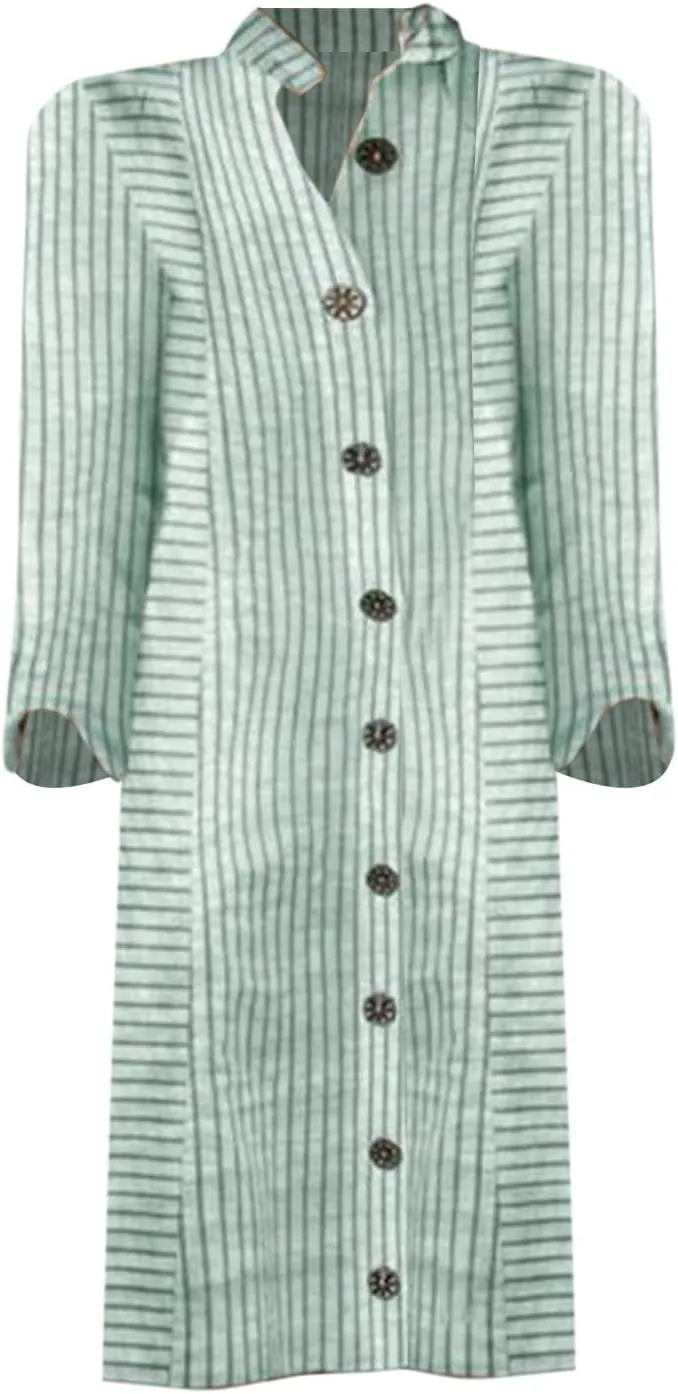 Womens Cotton Linen Midi Shirt Dress Summer Button Down Stripe Half Sleeve Sundress Casual Beach V Neck Dresses