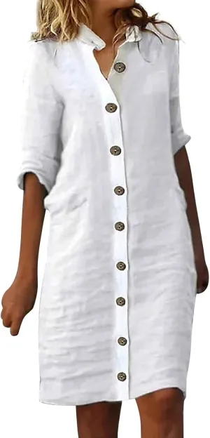 Womens Cotton Linen Midi Shirt Dress Summer Button Down Stripe Half Sleeve Sundress Casual Beach V Neck Dresses