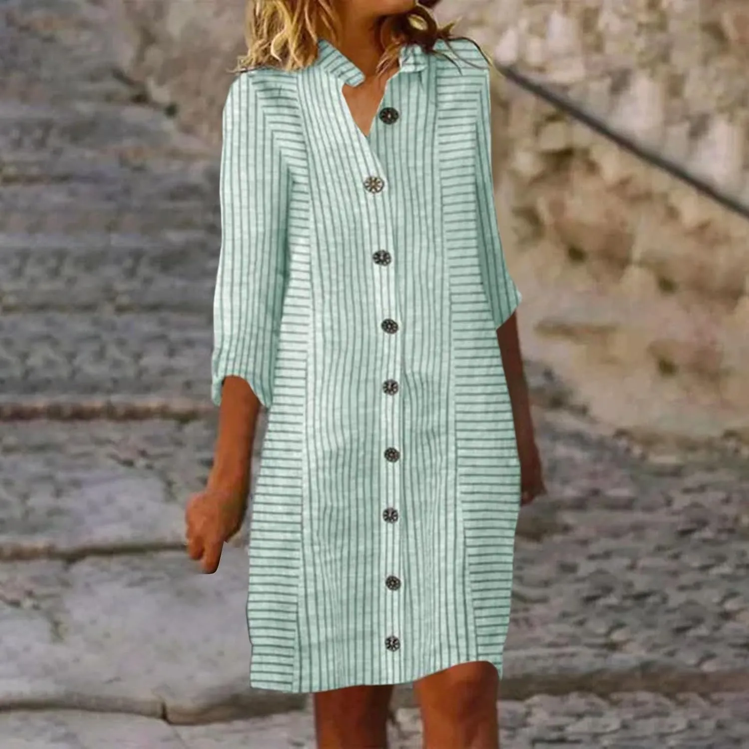 Womens Cotton Linen Midi Shirt Dress Summer Button Down Stripe Half Sleeve Sundress Casual Beach V Neck Dresses