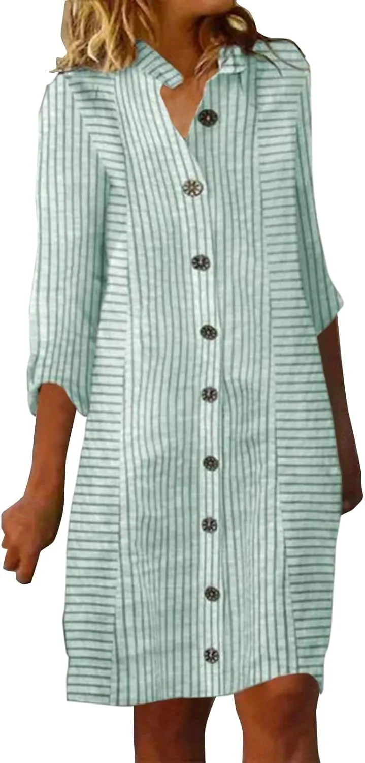 Womens Cotton Linen Midi Shirt Dress Summer Button Down Stripe Half Sleeve Sundress Casual Beach V Neck Dresses