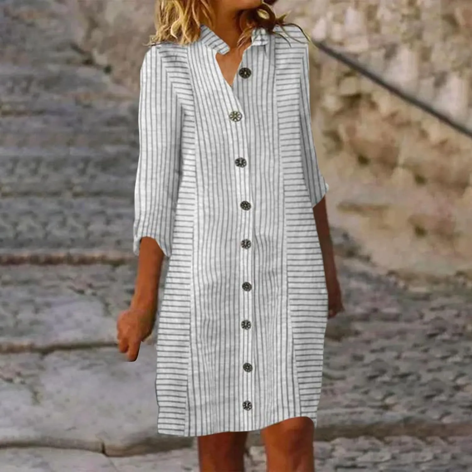 Womens Cotton Linen Midi Shirt Dress Summer Button Down Stripe Half Sleeve Sundress Casual Beach V Neck Dresses