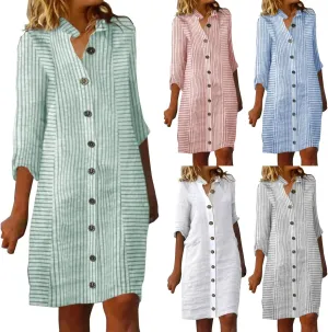 Womens Cotton Linen Midi Shirt Dress Summer Button Down Stripe Half Sleeve Sundress Casual Beach V Neck Dresses