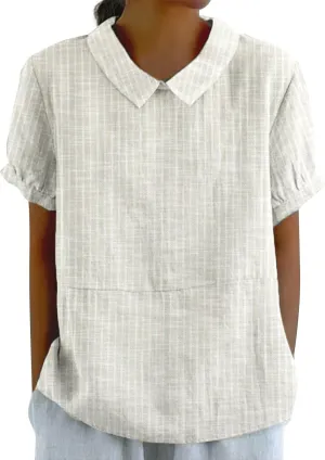 Womens Cotton Linen Short Sleeve T Shirts Casual Ruffled Trim Blouses Summer Cute Solid Tops Tunic Tee