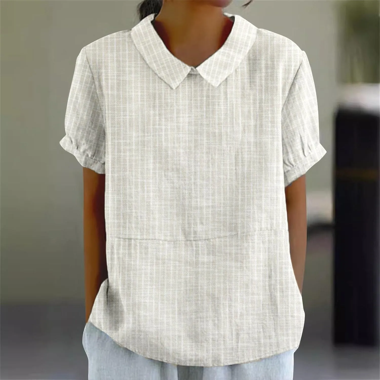 Womens Cotton Linen Short Sleeve T Shirts Casual Ruffled Trim Blouses Summer Cute Solid Tops Tunic Tee