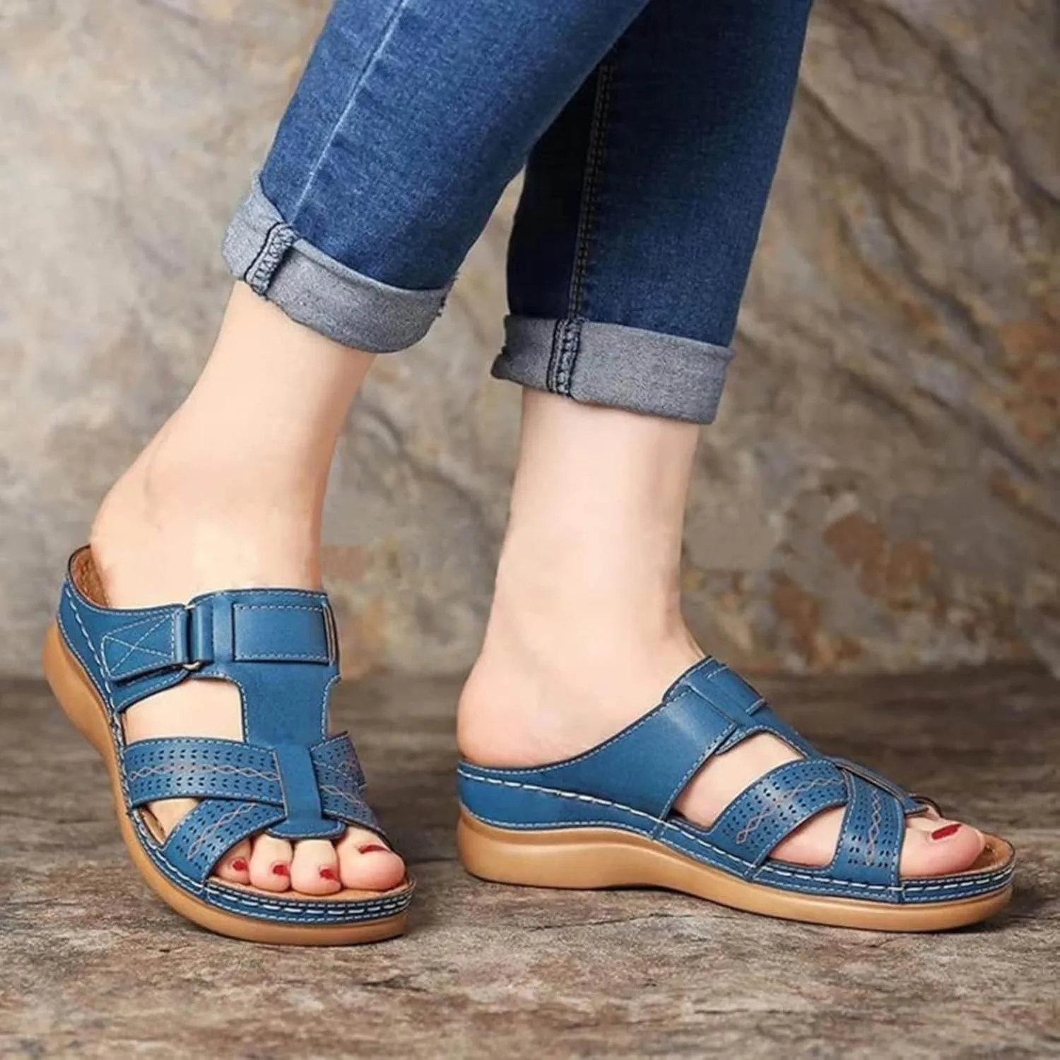 Women's Cushioned Slip-On Slide Sandal Womens Casual Slip on Summer Wedge Sandal Arch Support Casual Sandals