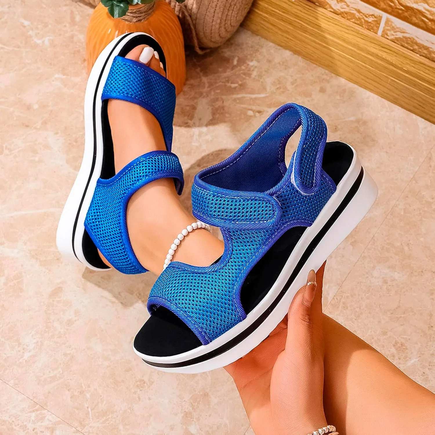 Women's Fashion Walking Sandals Comfortable Orthopedic Adjustable Strap Cushion Open-Toe Slip-On Platrorm Arch Support Slipper Shoes