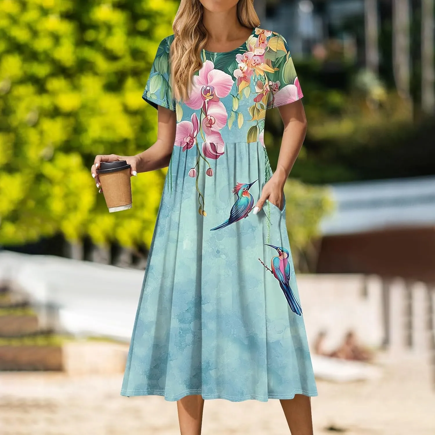 Women's Floral Print Casual Midi Short Sleeve Summer Sundress with Pockets for Beach Party and Daily Wear