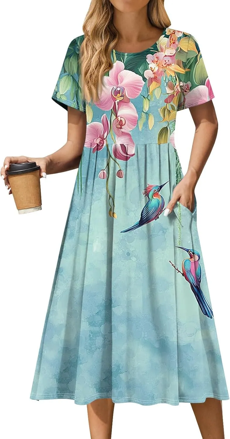 Women's Floral Print Casual Midi Short Sleeve Summer Sundress with Pockets for Beach Party and Daily Wear