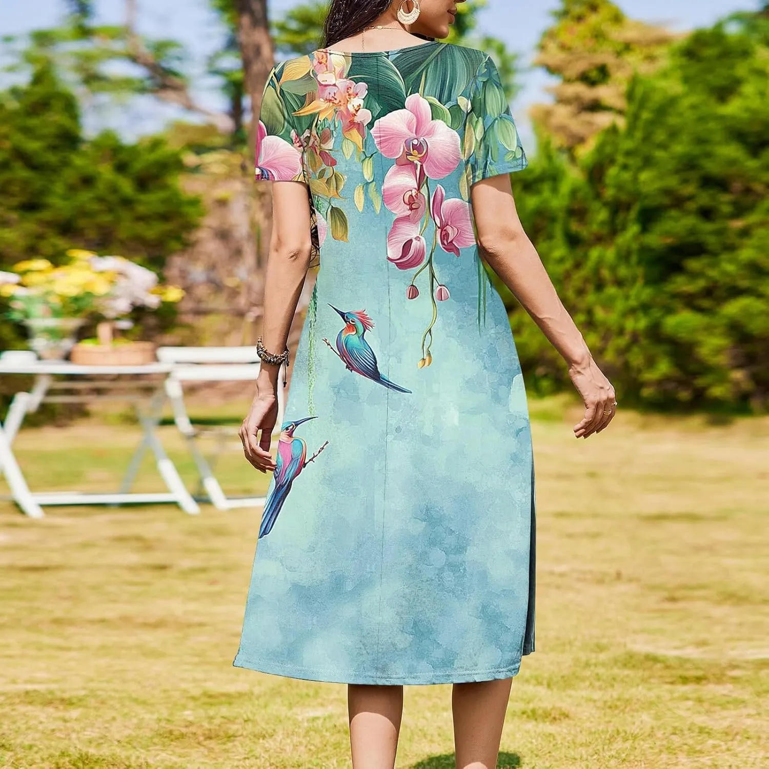 Women's Floral Print Casual Midi Short Sleeve Summer Sundress with Pockets for Beach Party and Daily Wear