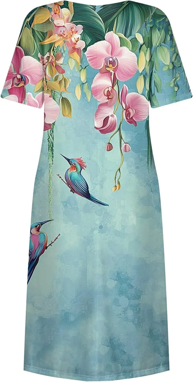 Women's Floral Print Casual Midi Short Sleeve Summer Sundress with Pockets for Beach Party and Daily Wear