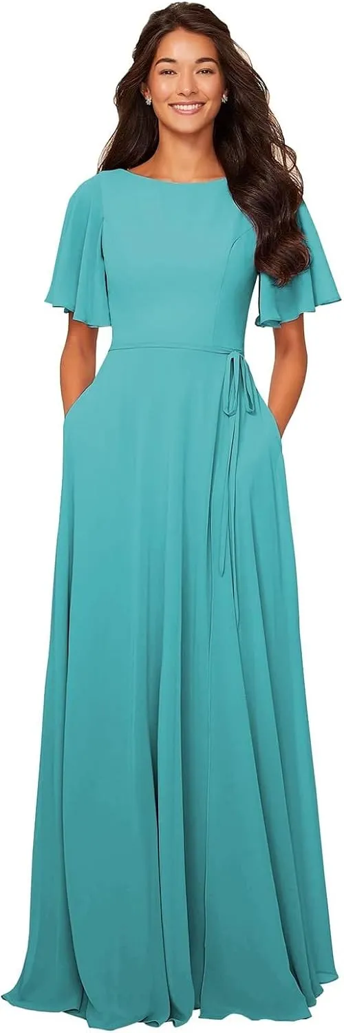 Women's Flutter Sleeve Chiffon Bridesmaid Dresses with Pockets Long A-Line Ruched Formal Evening Party Gown