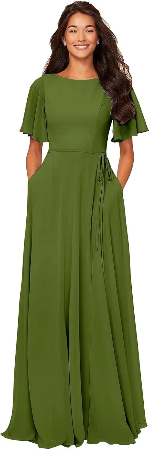 Women's Flutter Sleeve Chiffon Bridesmaid Dresses with Pockets Long A-Line Ruched Formal Evening Party Gown