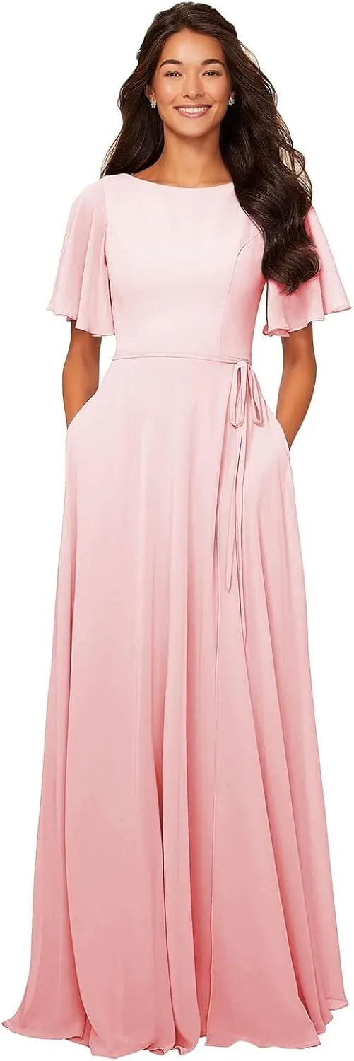 Women's Flutter Sleeve Chiffon Bridesmaid Dresses with Pockets Long A-Line Ruched Formal Evening Party Gown