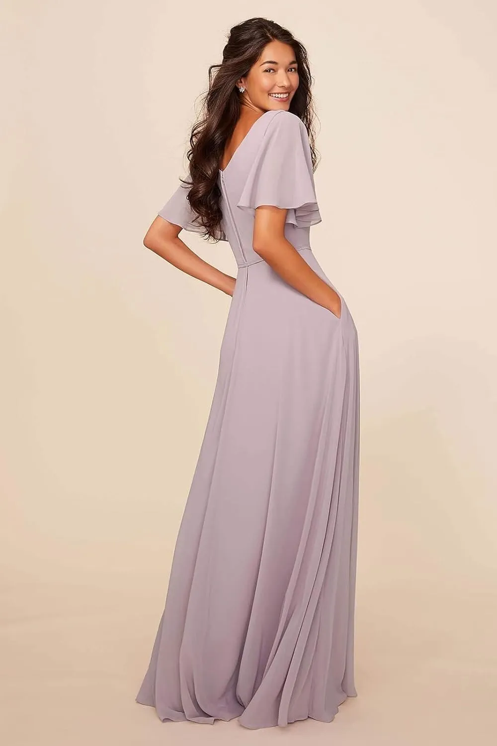 Women's Flutter Sleeve Chiffon Bridesmaid Dresses with Pockets Long A-Line Ruched Formal Evening Party Gown