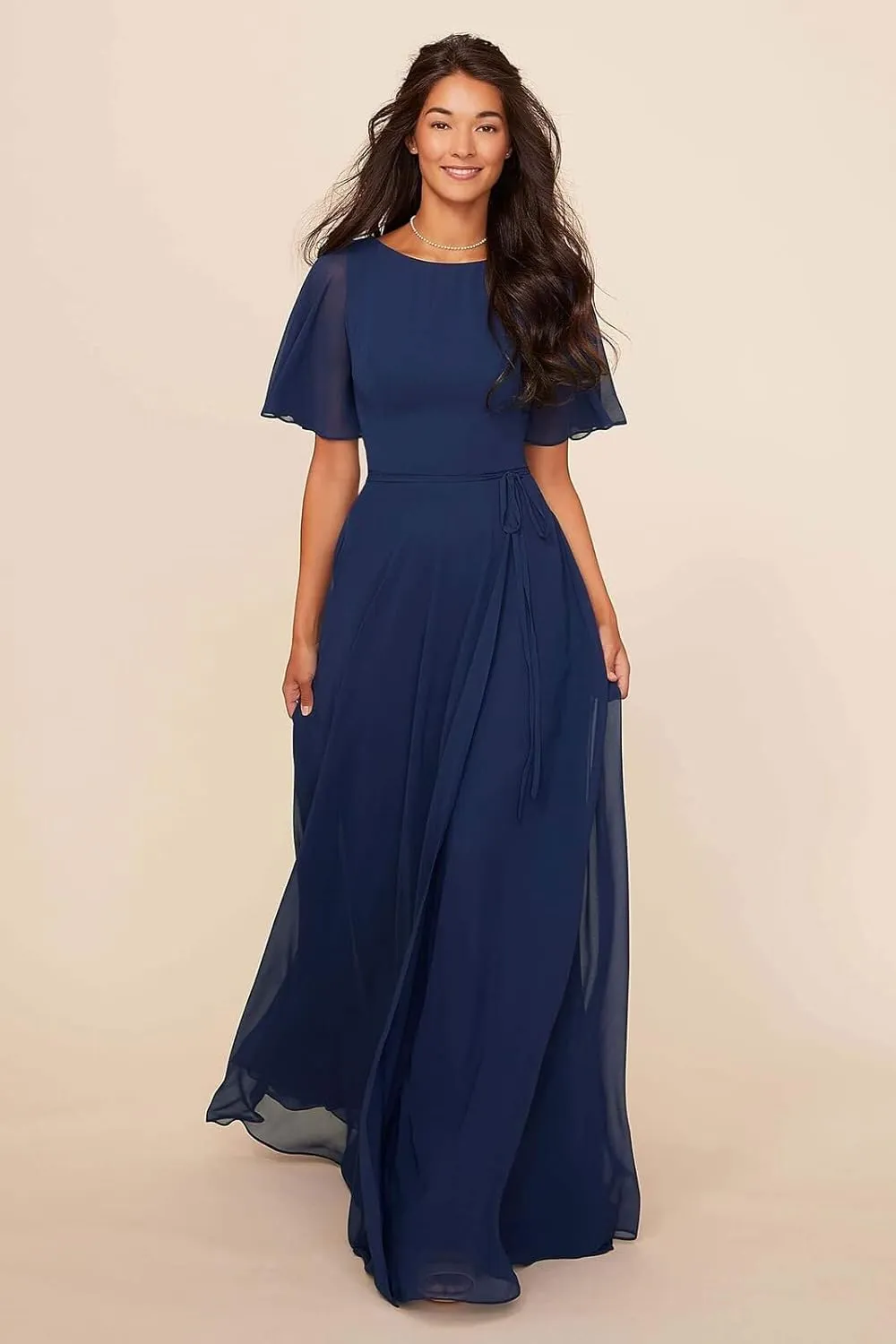 Women's Flutter Sleeve Chiffon Bridesmaid Dresses with Pockets Long A-Line Ruched Formal Evening Party Gown