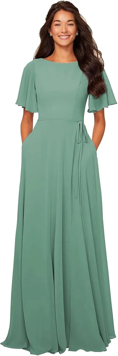 Women's Flutter Sleeve Chiffon Bridesmaid Dresses with Pockets Long A-Line Ruched Formal Evening Party Gown
