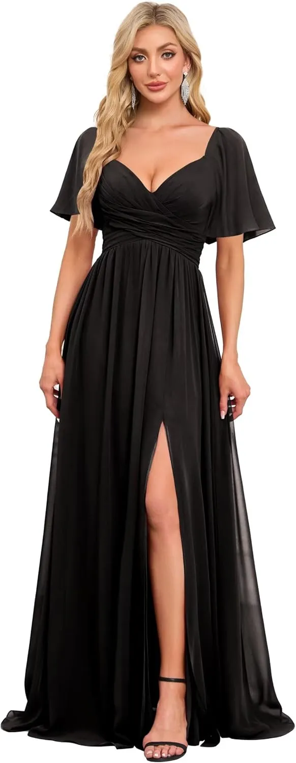 Women's Flutter Sleeves Chiffon Bridesmaid Dresses with Slit Long A Line V-Neck Formal Party Dress with Pockets