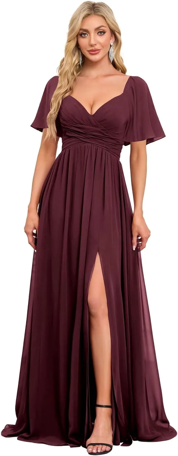 Women's Flutter Sleeves Chiffon Bridesmaid Dresses with Slit Long A Line V-Neck Formal Party Dress with Pockets
