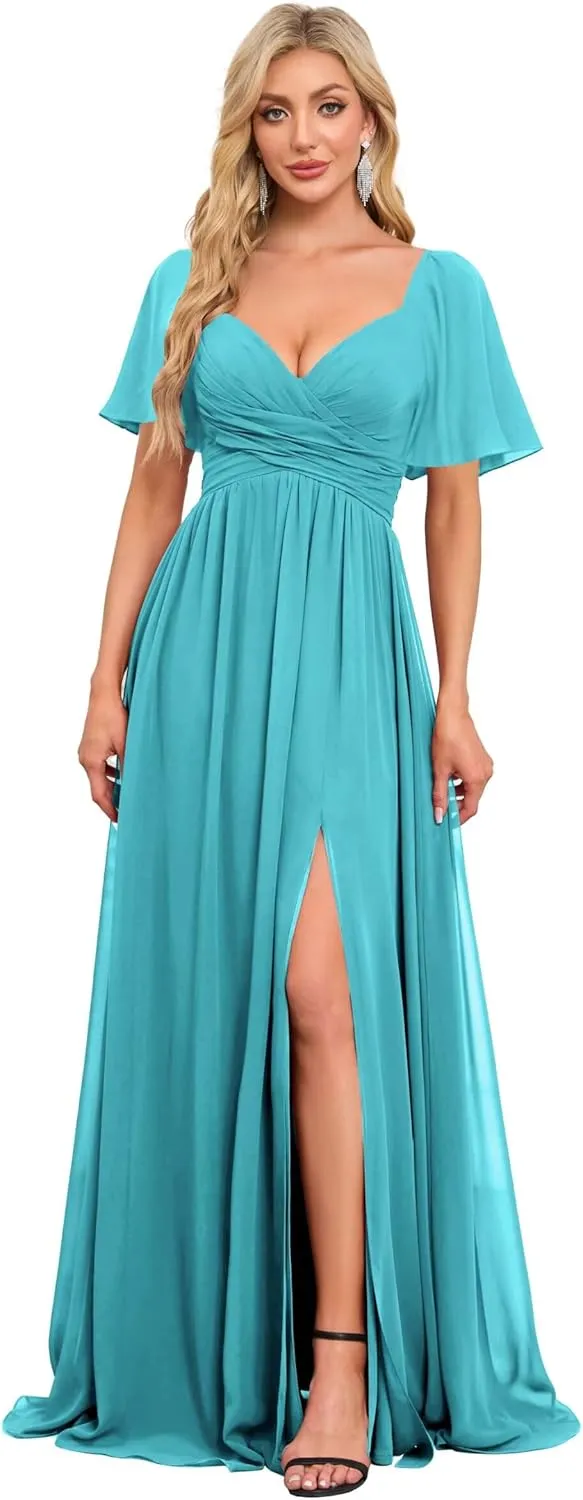 Women's Flutter Sleeves Chiffon Bridesmaid Dresses with Slit Long A Line V-Neck Formal Party Dress with Pockets