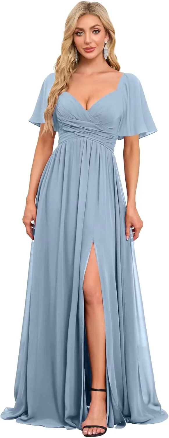 Women's Flutter Sleeves Chiffon Bridesmaid Dresses with Slit Long A Line V-Neck Formal Party Dress with Pockets