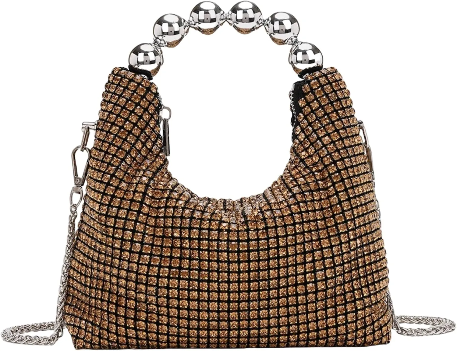 Women's Full Rhinestone Evening Purse Metal Pearls Top Handle Clutch Bag Purse Shining Chain Mini Shoulder Handbag