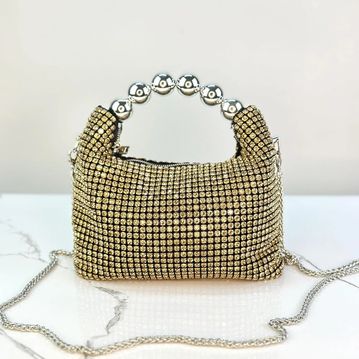 Women's Full Rhinestone Evening Purse Metal Pearls Top Handle Clutch Bag Purse Shining Chain Mini Shoulder Handbag