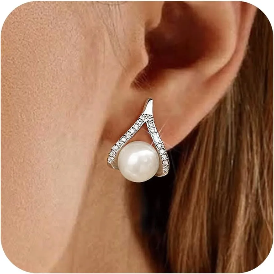 Women's Gold Pearl Earrings Studs - Pearls Stud Earing for Ladies,Stainless Steel Hypoallergenic Ear Rings Trendy Jewelry Gifts,Mothers Valentine's Day Birthday Wedding Party Gift for Her Sister Mom