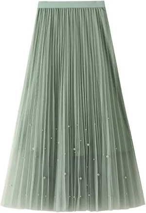 Women's High Waist Flowy Pleated Maxi Skirt Women's Tulle Skirt Elastic Layered Pleated Mesh Flowy A-line Midi Skirt, Green