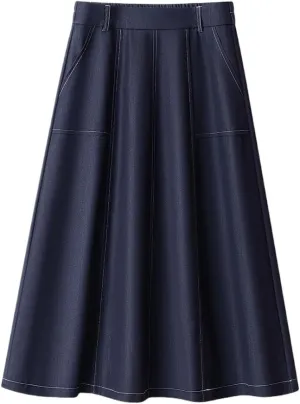 Women's High-Waisted Color-Blocked Embroidered Denim A-Line Skirt - Plus Size Midi Skirt with Pleated Design
