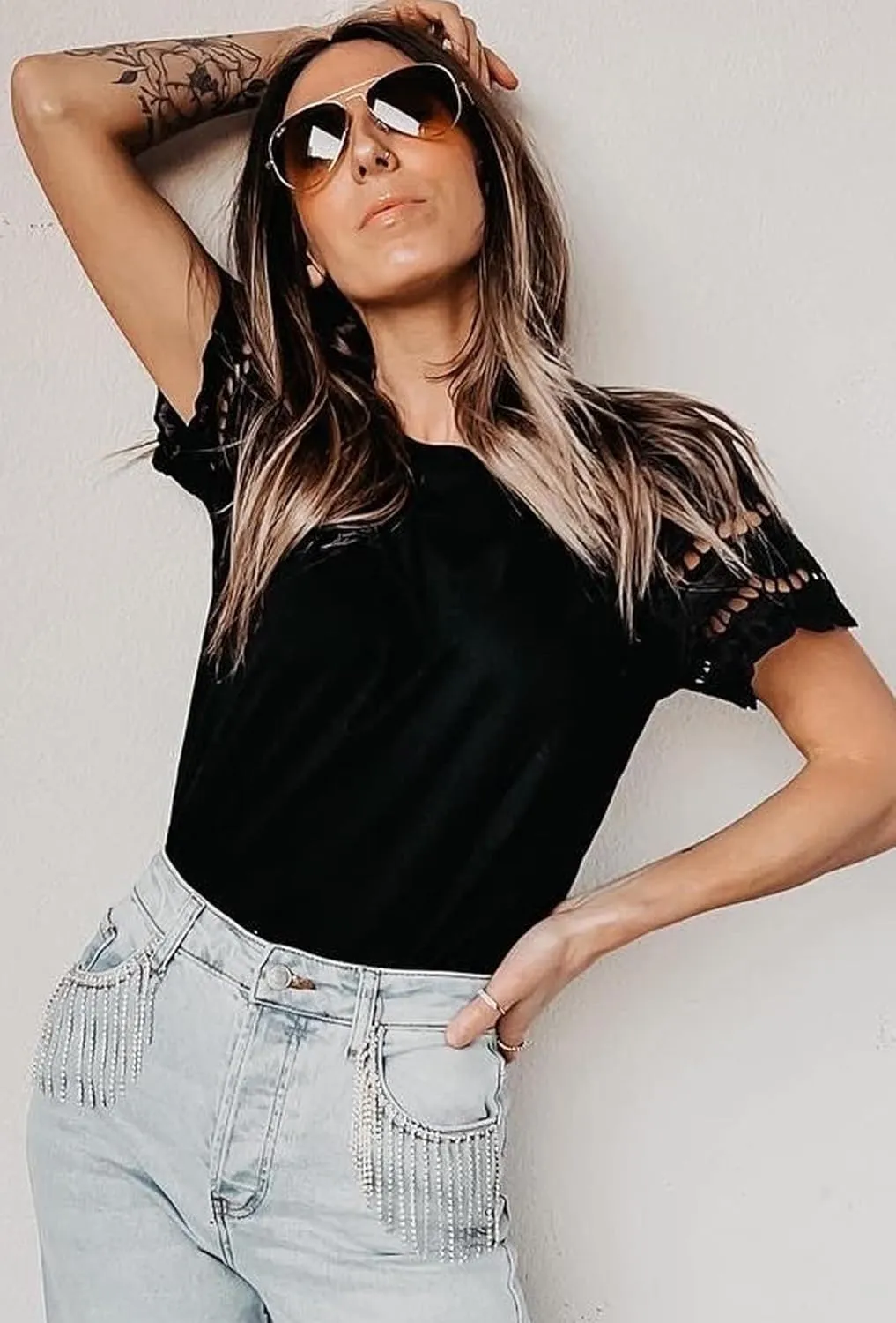 Womens Lace Short Sleeve T Shirts Summer Tops Loose Casual Tee Shirt