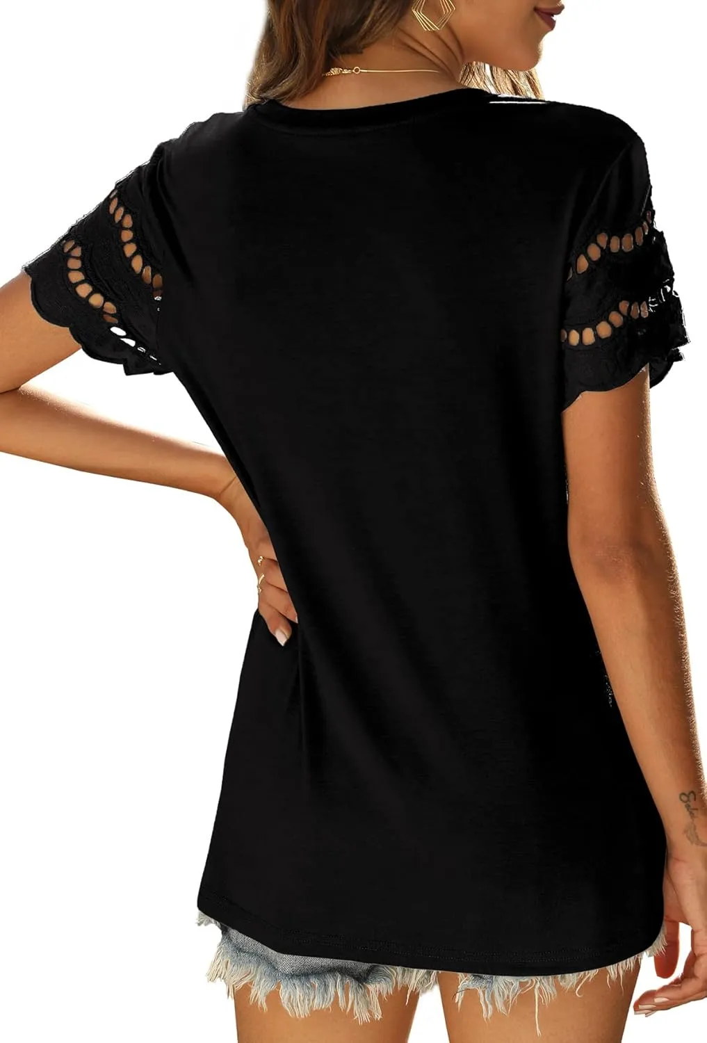 Womens Lace Short Sleeve T Shirts Summer Tops Loose Casual Tee Shirt