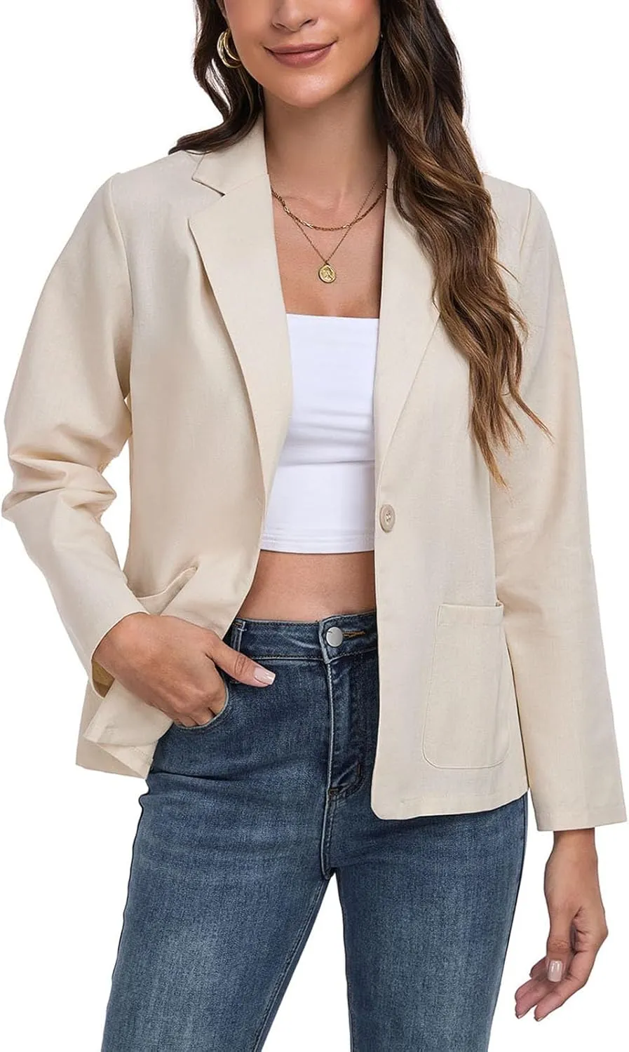 Womens Linen Blazer Long Sleeve Lightweight Work Office Jackets Casual Summer Lapel Button Blazers with Pockets