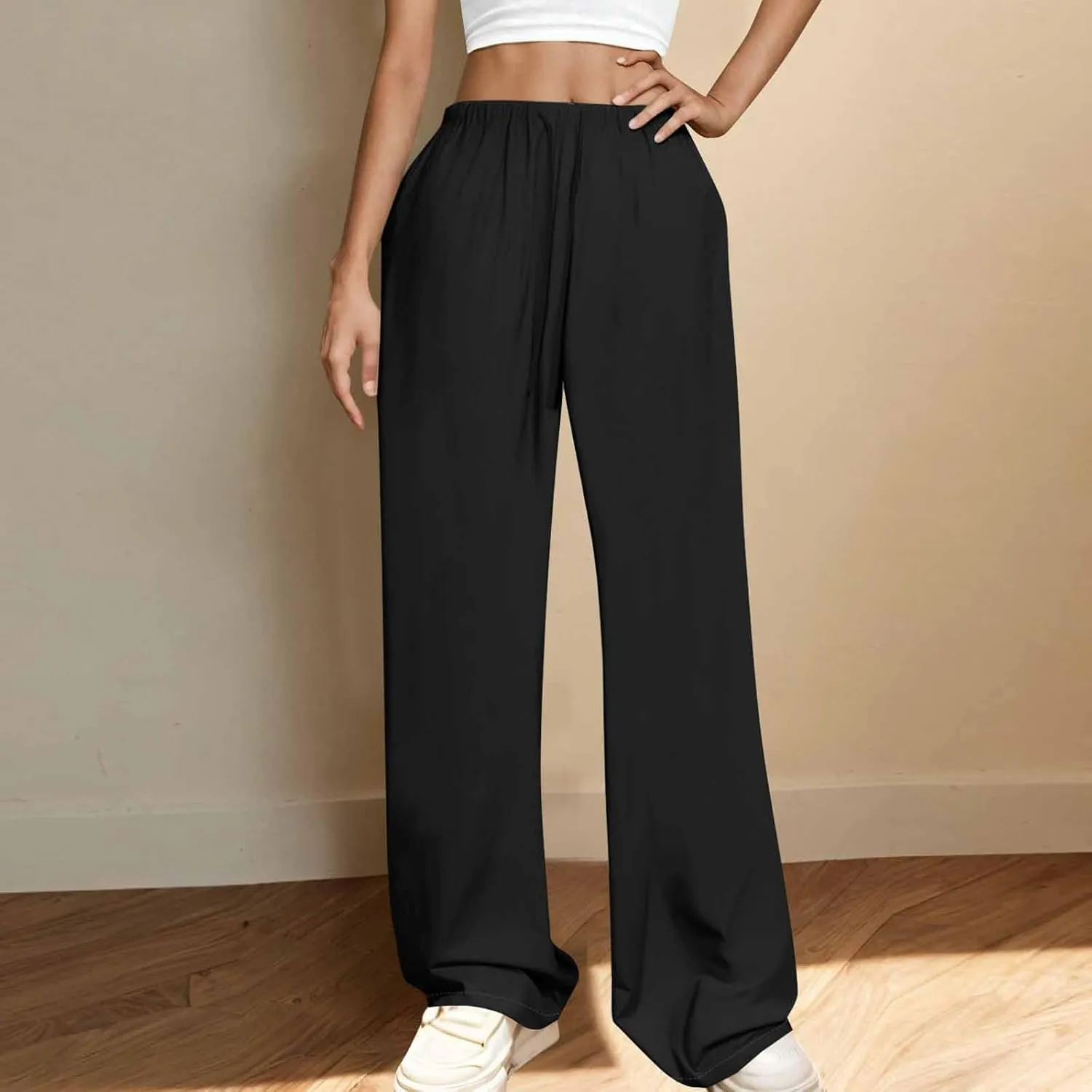 Women's Linen Casual High Waist Wide Leg Straight Dress Cotton Linen Pants Button Trousers Summer Outfits 2025 Trendy