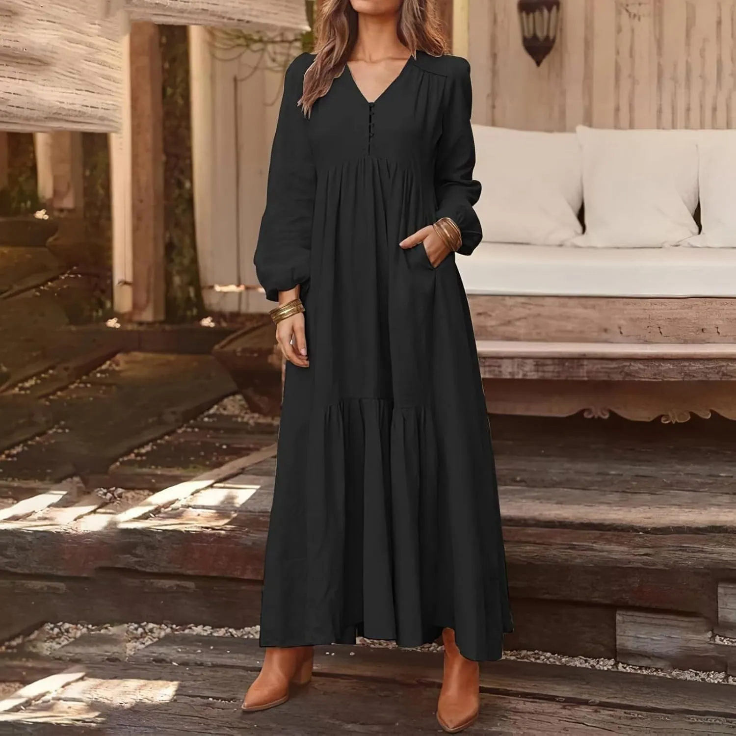 Womens Linen Dresses Casual Loose Button V Neck Pleated Dress Trendy Ruffle Tiered Long Sleeve Maxi Dress