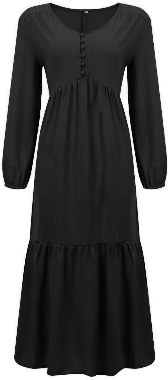 Womens Linen Dresses Casual Loose Button V Neck Pleated Dress Trendy Ruffle Tiered Long Sleeve Maxi Dress