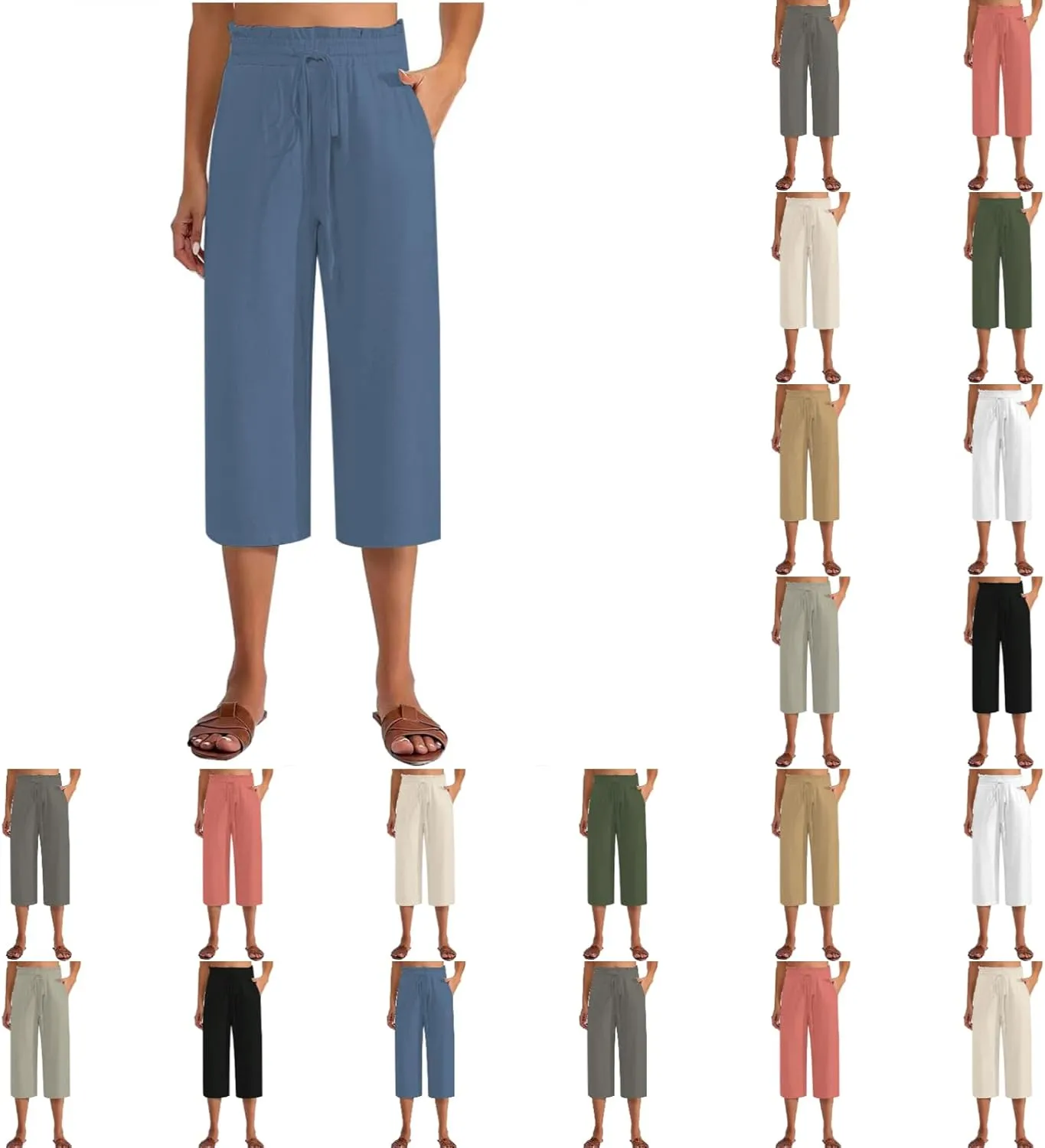 Women's Linen Pants High Waisted with Drawstring - Summer Lightweight Loose Trousers Elastic Waist with Pockets