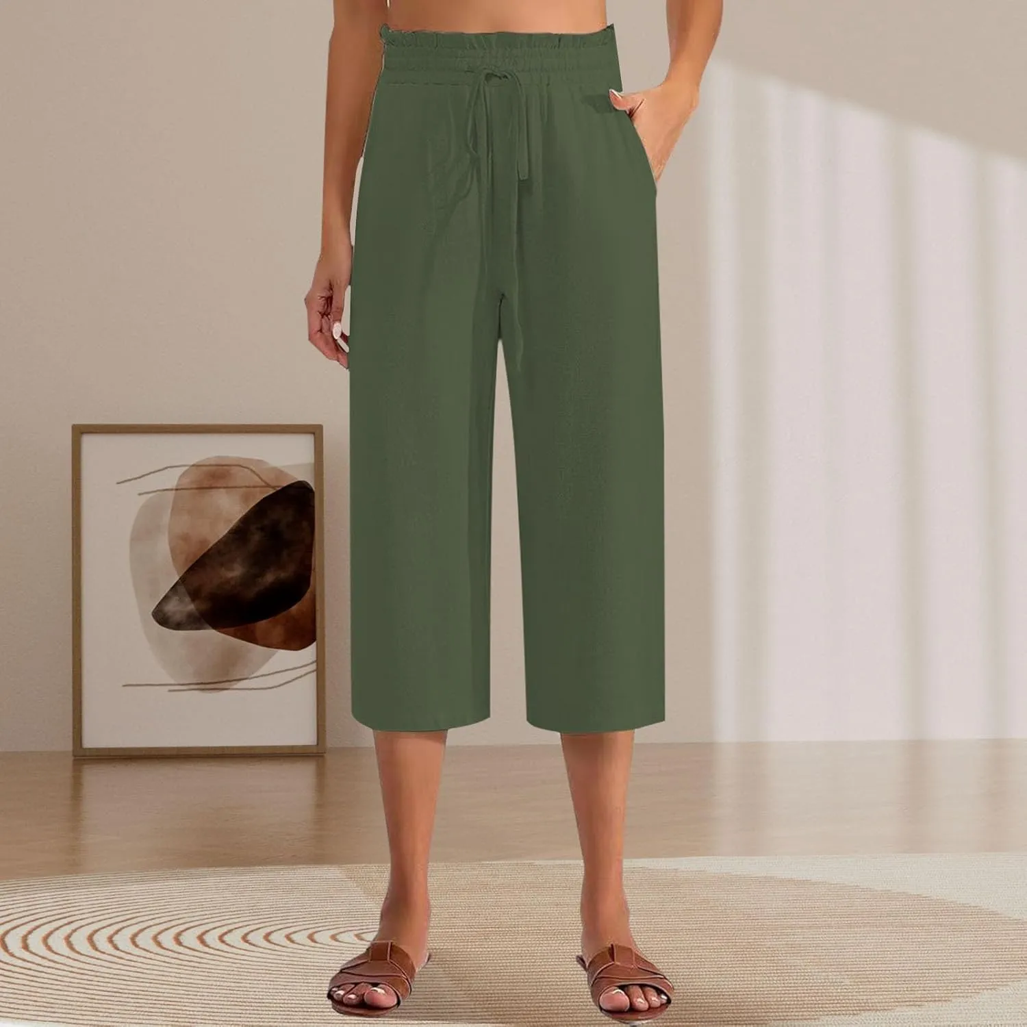 Women's Linen Pants High Waisted with Drawstring - Summer Lightweight Loose Trousers Elastic Waist with Pockets