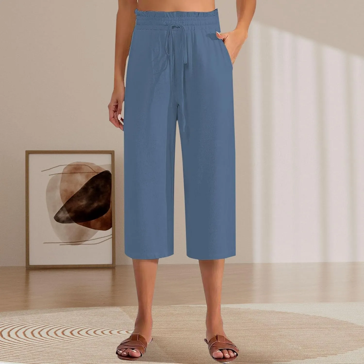 Women's Linen Pants High Waisted with Drawstring - Summer Lightweight Loose Trousers Elastic Waist with Pockets