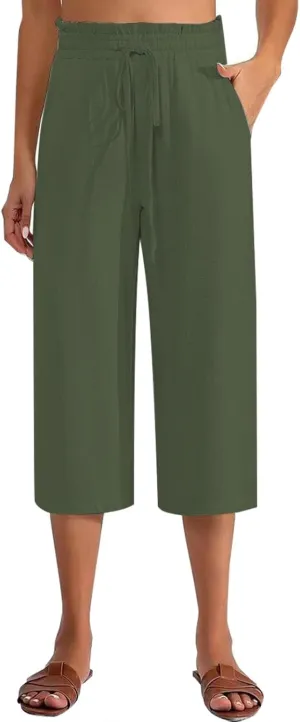Women's Linen Pants High Waisted with Drawstring - Summer Lightweight Loose Trousers Elastic Waist with Pockets