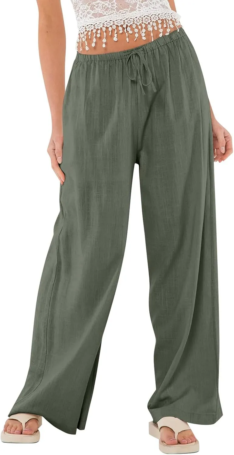 Women's Linen Pants Summer Drawstring High Waisted Palazzo Pants Casual Wide Leg Pant Lounge Trouser with Pockets