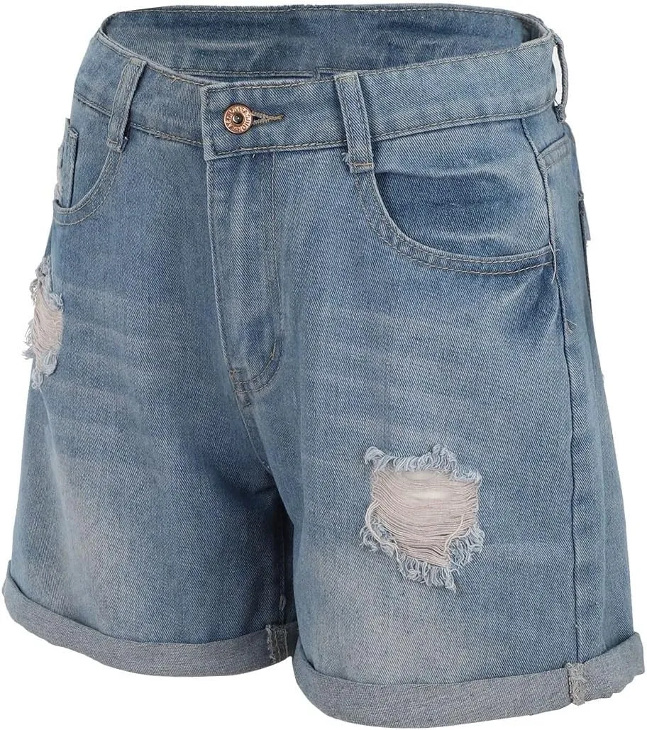 Womens Mid-High Waisted Ripped Denim Jean Shorts Cutoff Stretchy Comfy Summer Sexy Hot Short Pants with Pockets