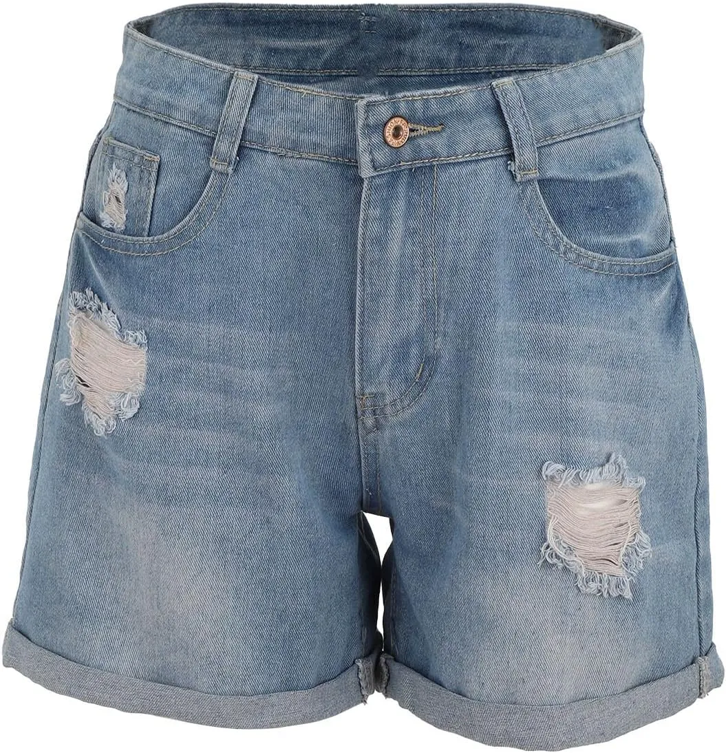 Womens Mid-High Waisted Ripped Denim Jean Shorts Cutoff Stretchy Comfy Summer Sexy Hot Short Pants with Pockets