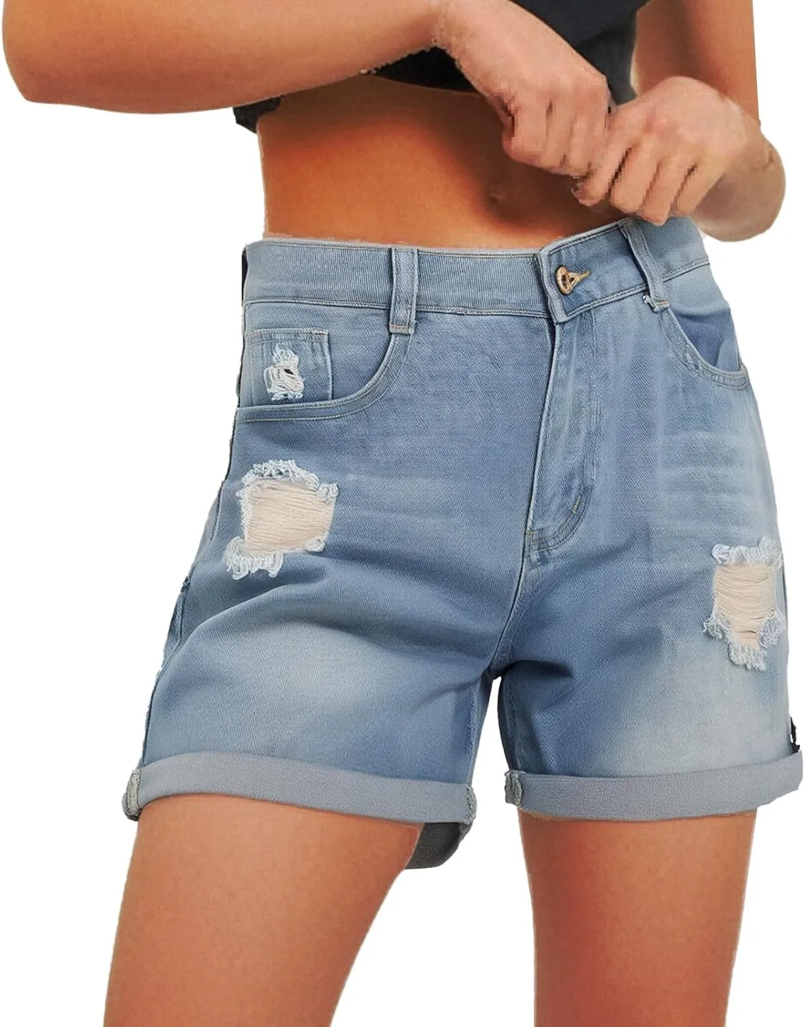 Womens Mid-High Waisted Ripped Denim Jean Shorts Cutoff Stretchy Comfy Summer Sexy Hot Short Pants with Pockets